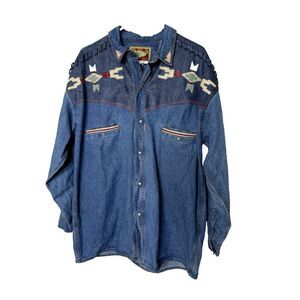 Shooter Denim Western Shirt Men Blue Snaps Leather Cowboy Rodeo Aztec Denim L